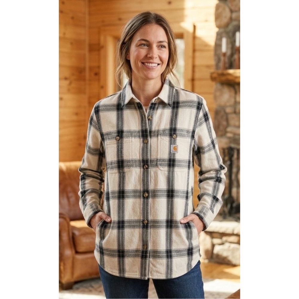 Carhartt Black & White Plaid Work Shirt Jacket Loose Fit Size Large EUC
